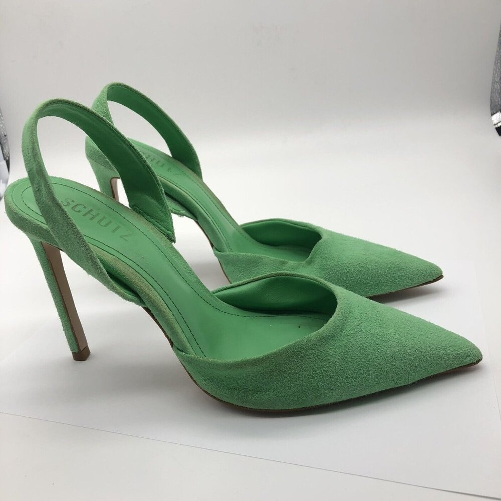 SCHUTZ Green Suede Slingback Pointed Pumps